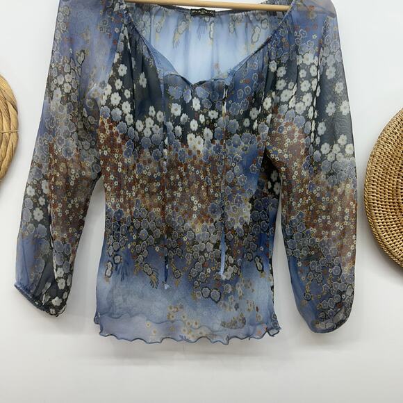 Vintage Y2K 2000s FANG Blue Flower Floral Tie Neck Sheer Blouse Top Medium Boho - Picture 5 of 6